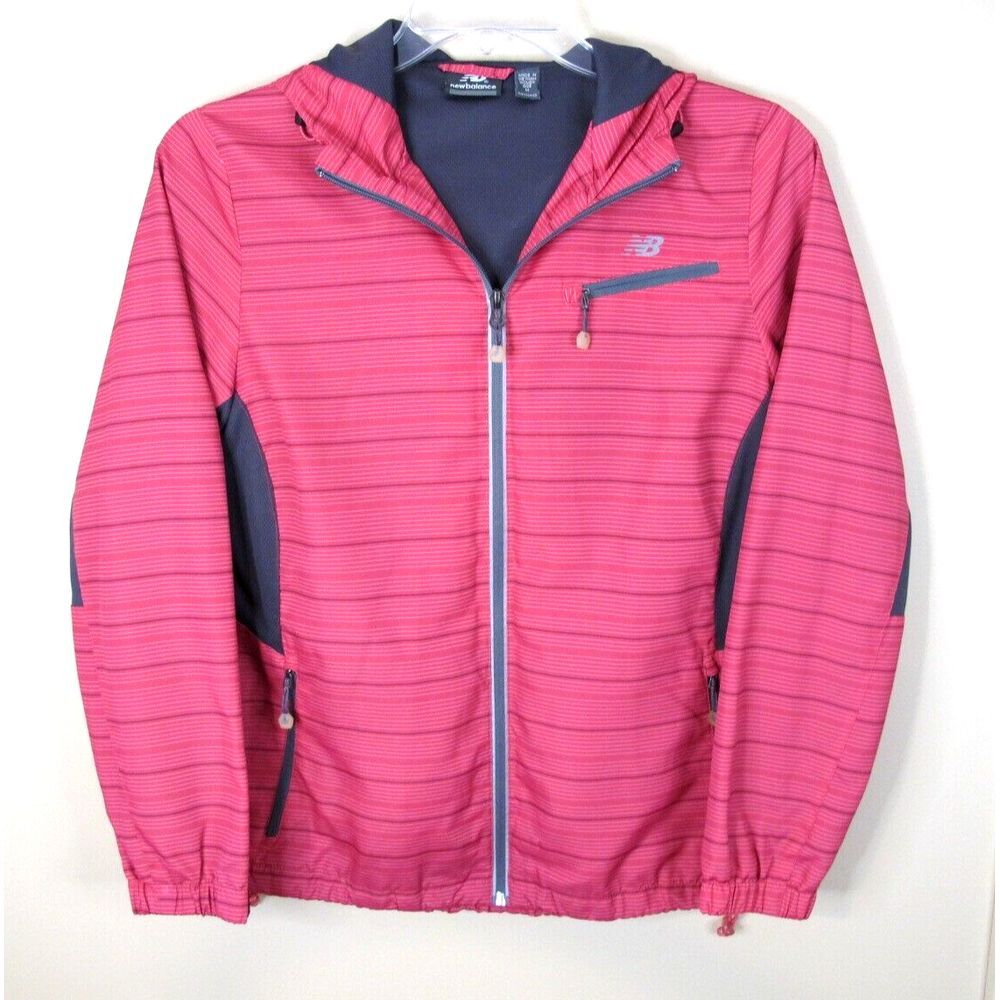 New Balance Full Zip Hooded Windbreaker Jacket Women's Medium Pink Striped